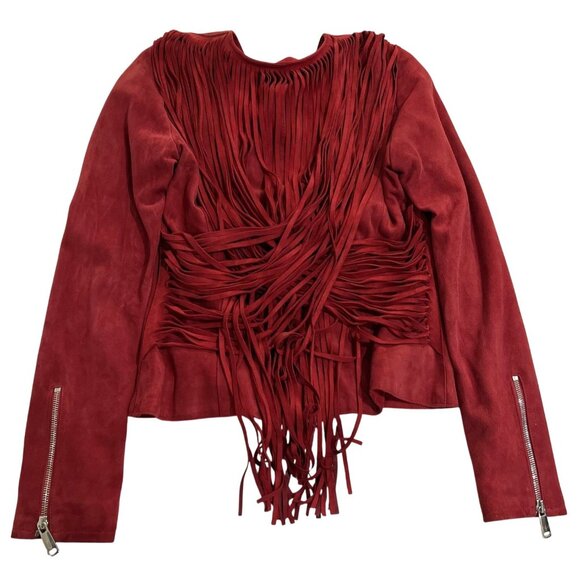 Nour Hammour Fringe Lamb Leather Jacket in Red - Picture 4 of 10